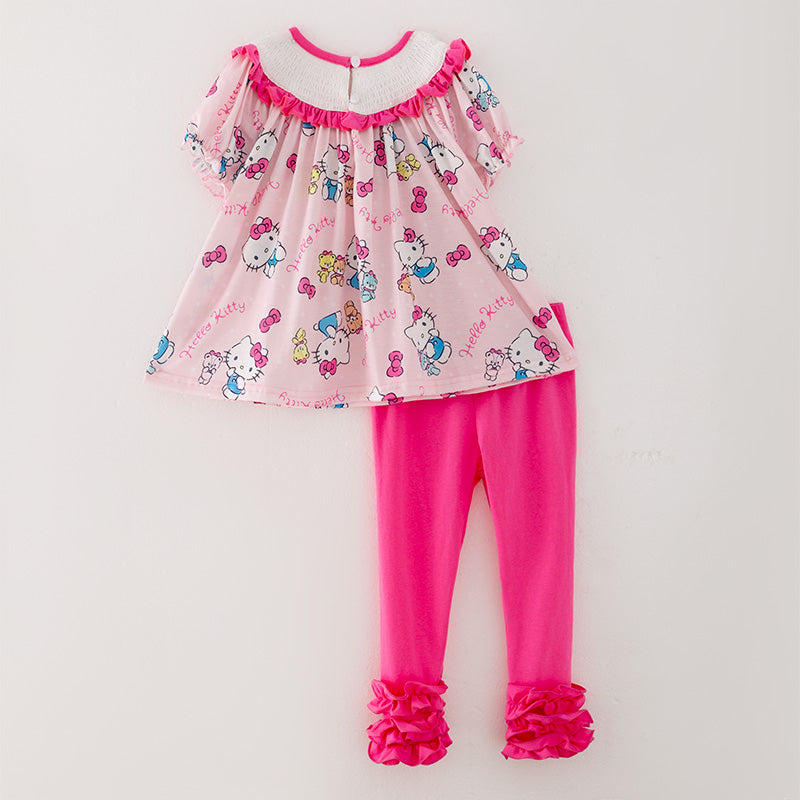 （In Stock A5-6-1）Girls Cartoon Print Puff Sleeve Smocked Outfit Set