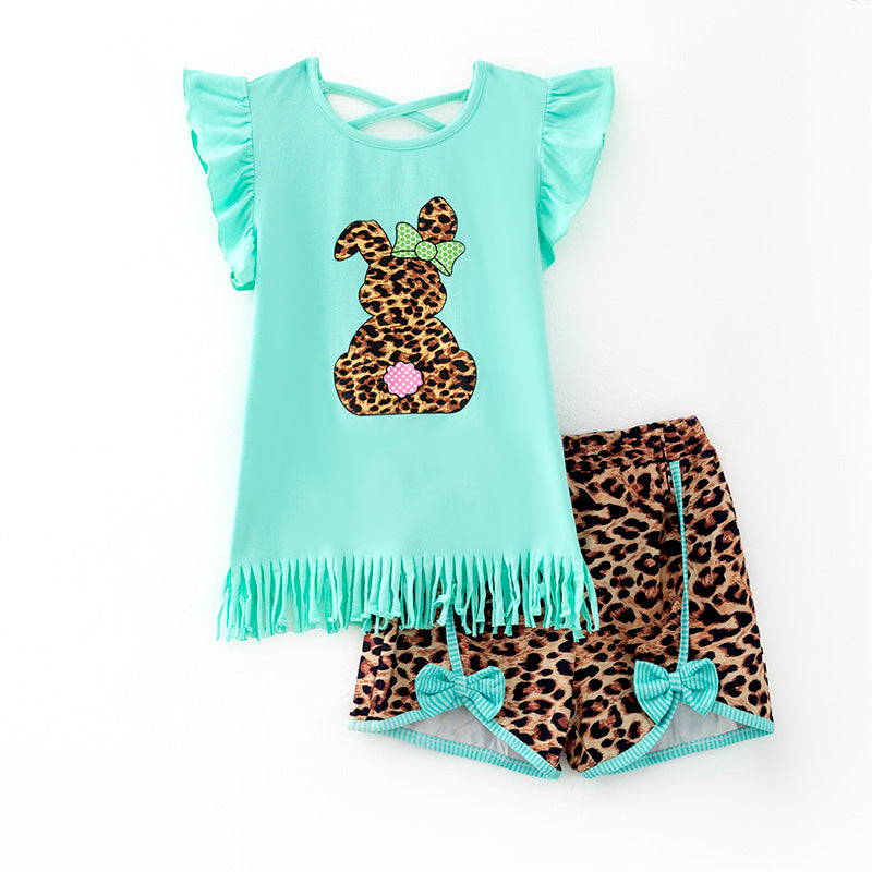 （In Stock）Girls Easter Bunny Print Cotton Top Leopard Print Shorts Set