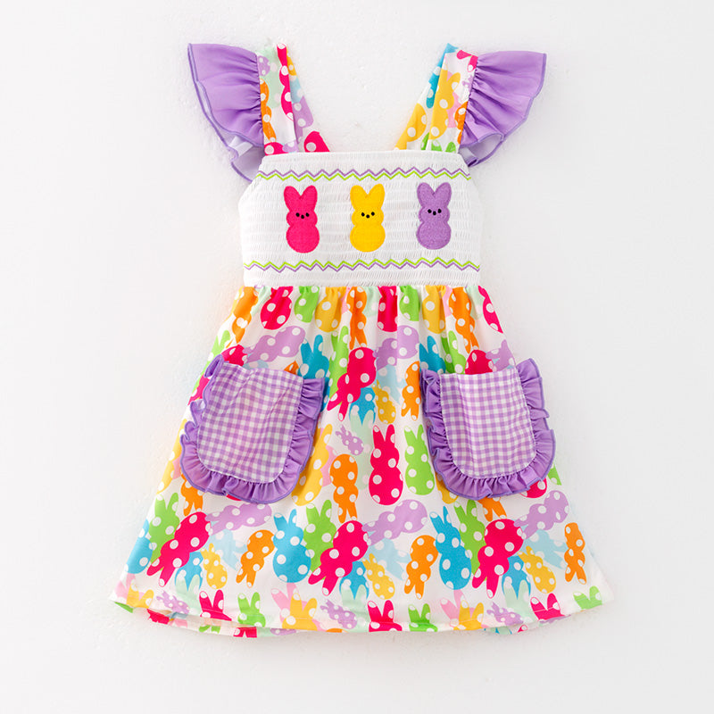 （In Stock）Girls Easter Bunny Embroidery Smocked Dress