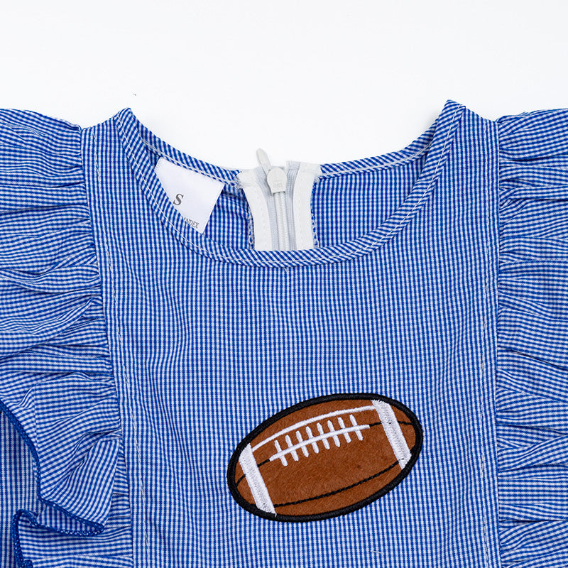 (In Stock E15-2-2 )Girl's Blue Plaid Football Embroidery Ruffles