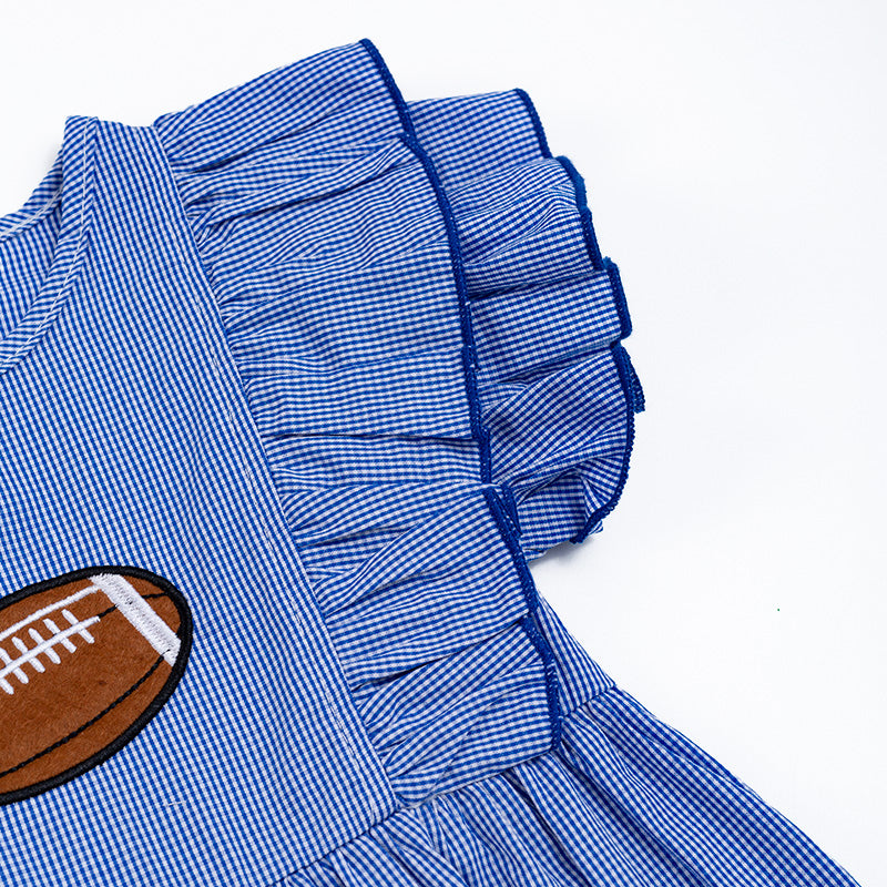 (In Stock)Girl's Blue Plaid Football Applique Ruffles Dress