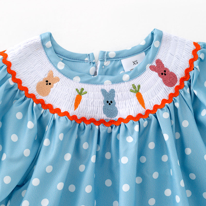 （In Stock）Girls Easter Bunny Embroidery Smocked Polka Dot Dress