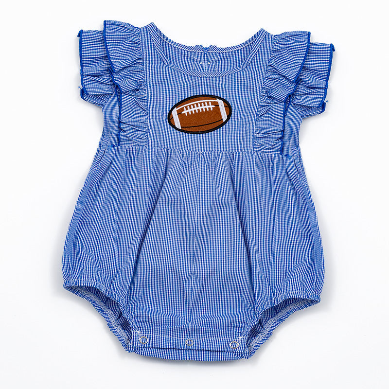 (In Stock)One Pack(3 Pieces total)Toddler Girls Blue Plaid Football Applique Romper