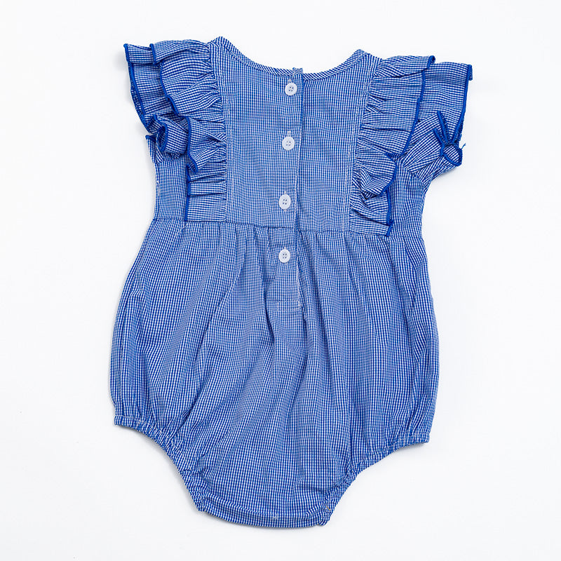 (In StockE15-2-2 )Girls Blue Plaid Football Embroidery Romper