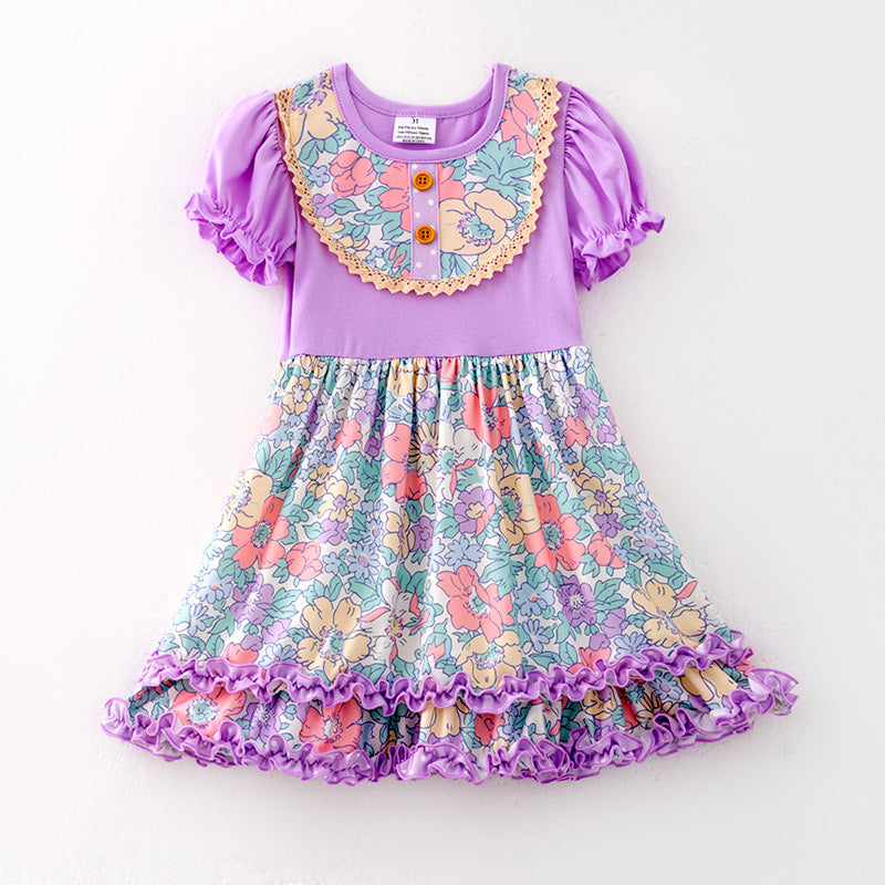 （In Stock）Girls Spring and Summer Lavender Floral Print Dress