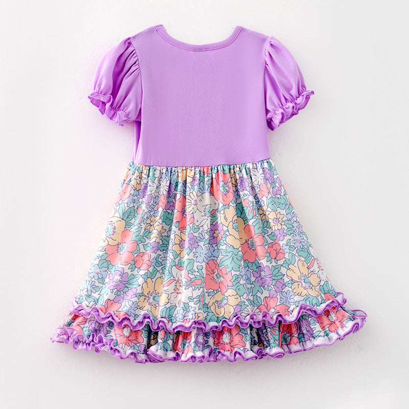 （In Stock）Girls Spring and Summer Lavender Floral Print Dress