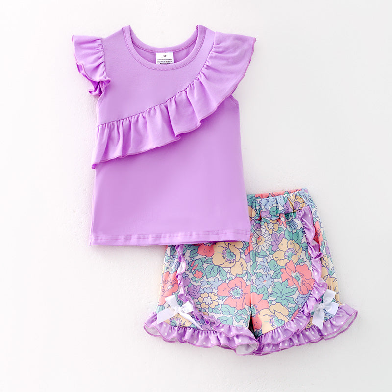 （In Stock）Girls Spring and Summer Lavender Floral Print Shorts Set