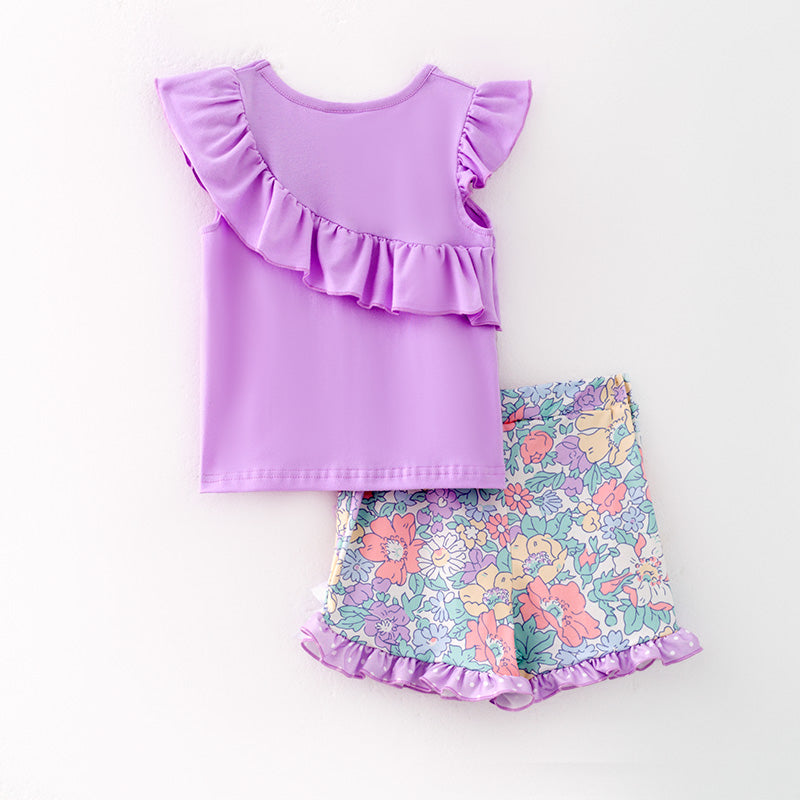 （In Stock）Girls Spring and Summer Lavender Floral Print Shorts Set