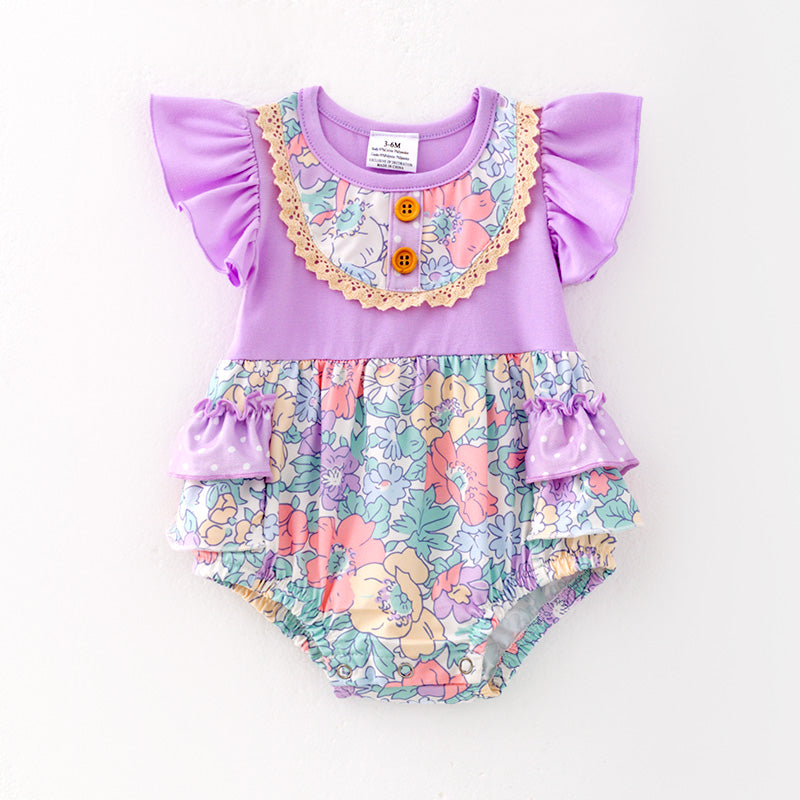 （In Stock）Toddler Girls Spring and Summer Lavender Floral Print Romper