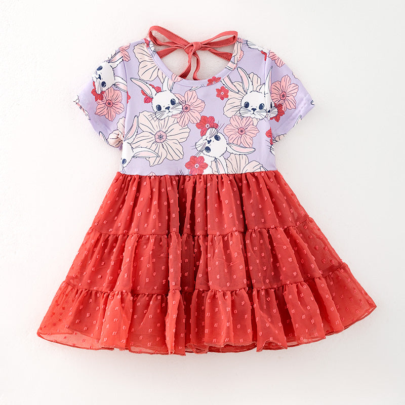 （In Stock）Girls Easter Bunny Print Swiss Dot Dress