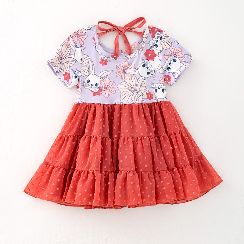 （In Stock）Girls Easter Bunny Print Swiss Dot Dress