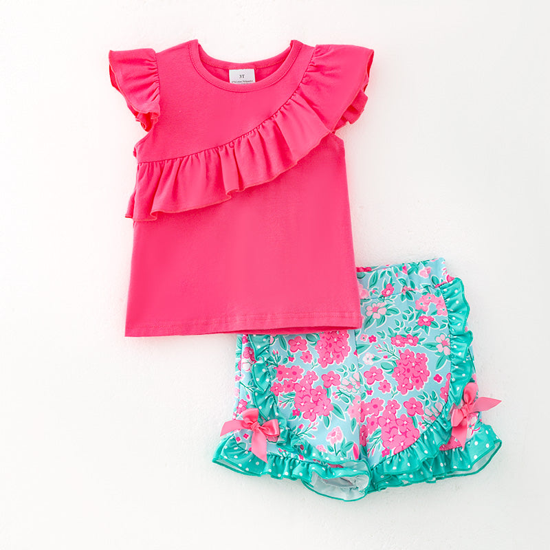 （In Stock）Girls Spring and Summer Melon Floral Print Shorts Set