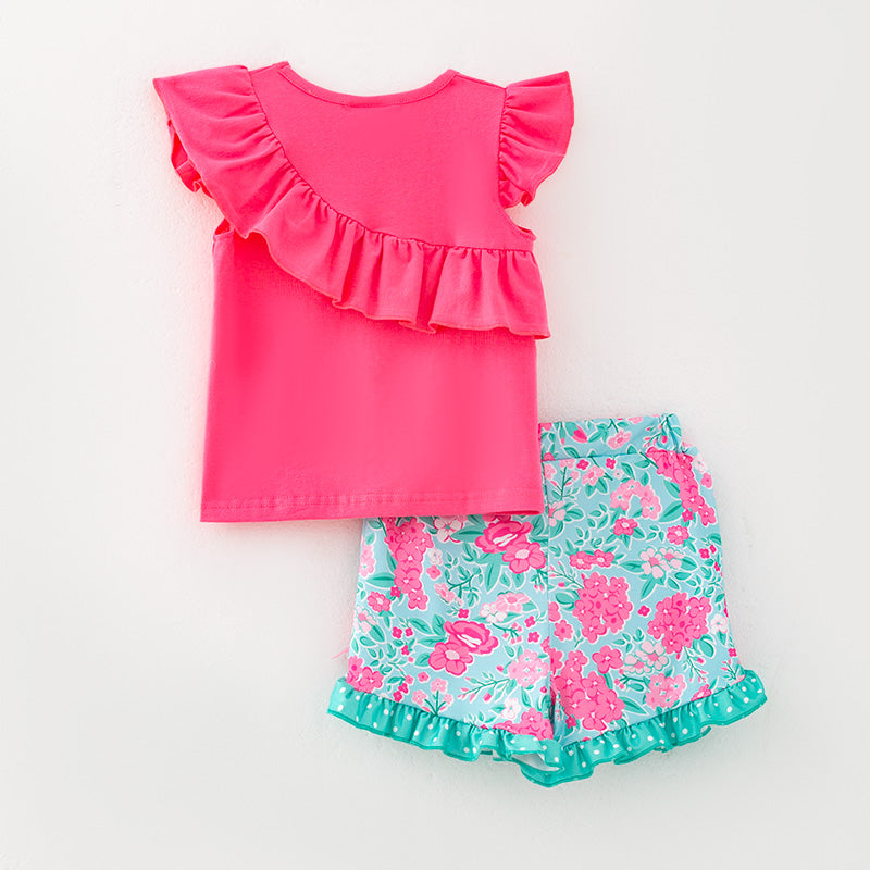 （In Stock）Girls Spring and Summer Melon Floral Print Shorts Set