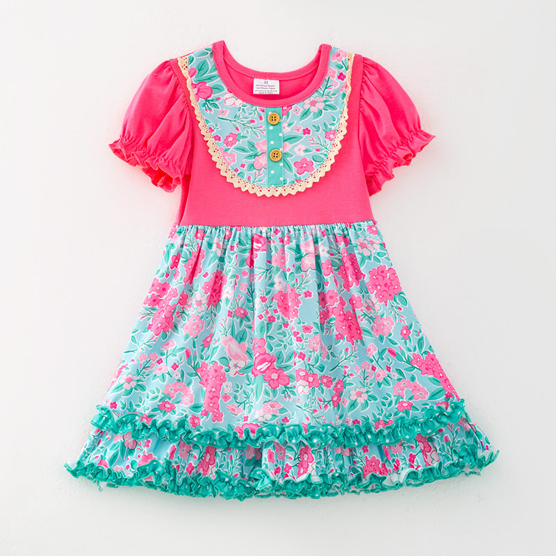 （In Stock）Girls Spring and Summer Melon Floral Print Dress