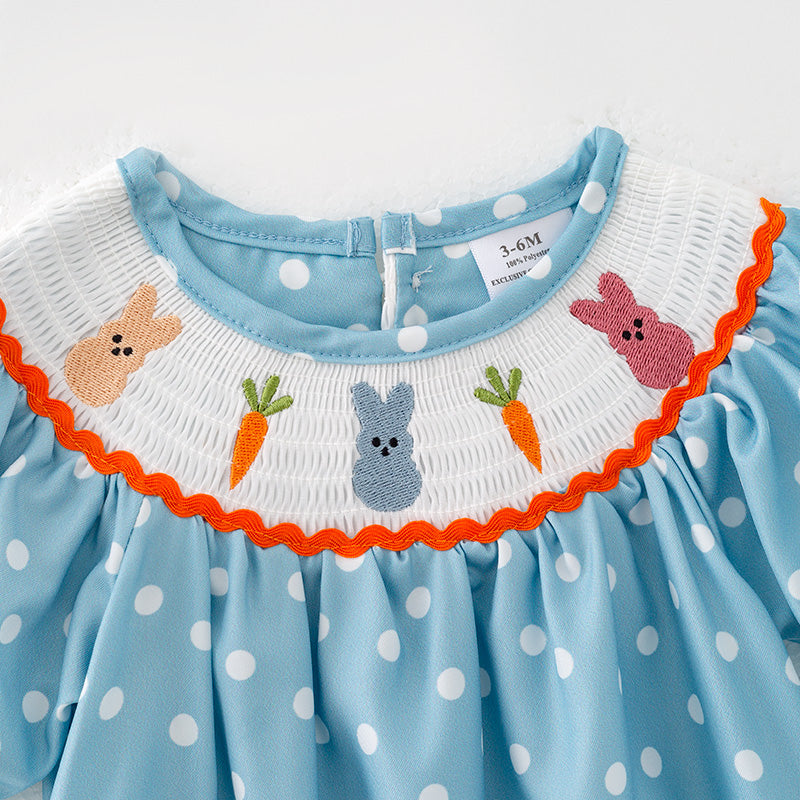 （In Stock）Toddler Girls Easter Bunny Embroidery Smocked Polka Dot Romper