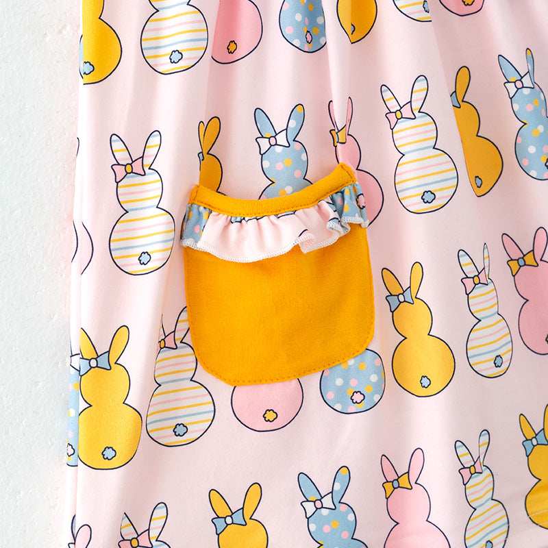 （In Stock）Girls Easter Bunny Print Sleeveless Lapel Dress