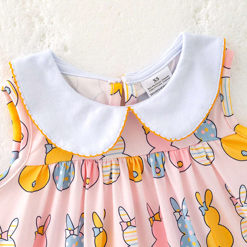 （In Stock）Girls Easter Bunny Print Sleeveless Lapel Dress