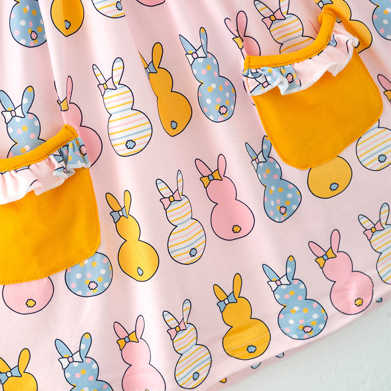 （In Stock）Girls Easter Bunny Print Sleeveless Lapel Dress