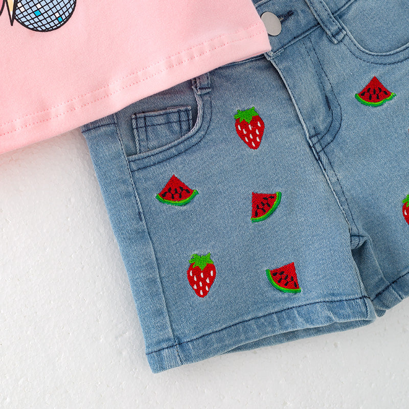 （In Stock）Girls Spring and Summer Strawberry Print Denim Set