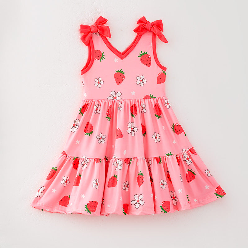 （In Stock）Girls Spring and Summer Strawberry Print Slip Dress