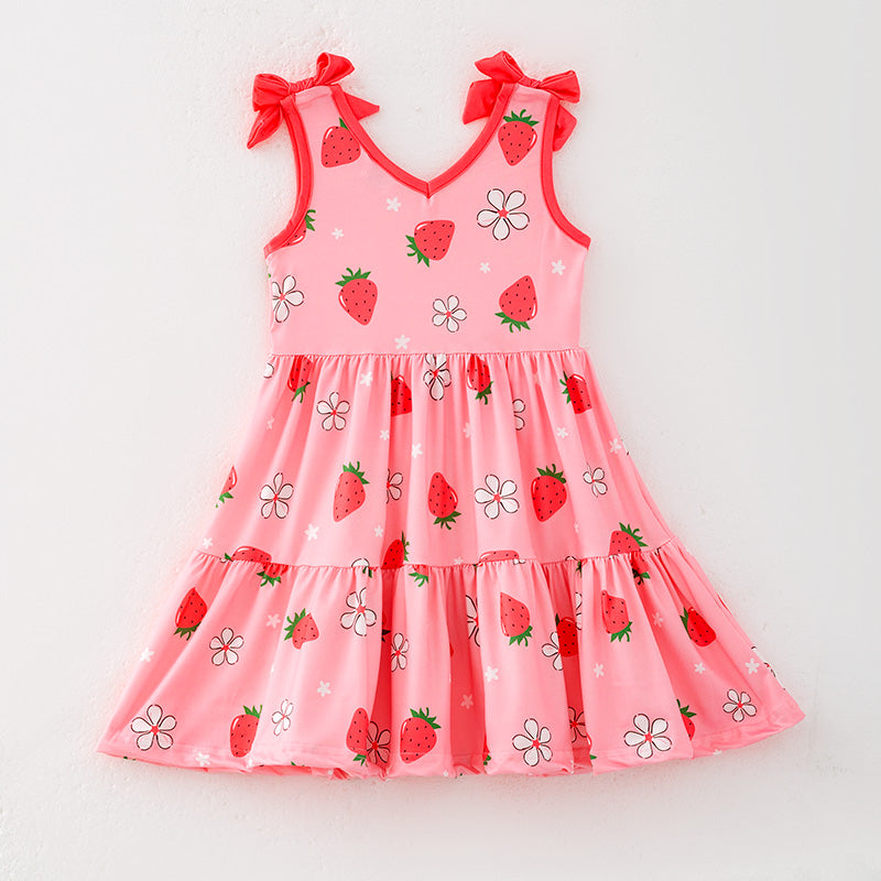 （In Stock）Girls Spring and Summer Strawberry Print Slip Dress