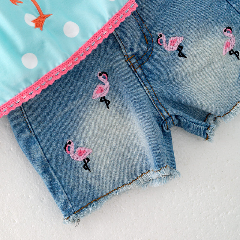 （In Stock）Girls Spring and Summer Flamingo Applique Denim Set