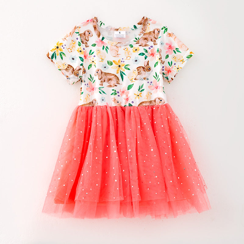 （In Stock）Girls Easter Bunny Print Sequin Tulle Dress