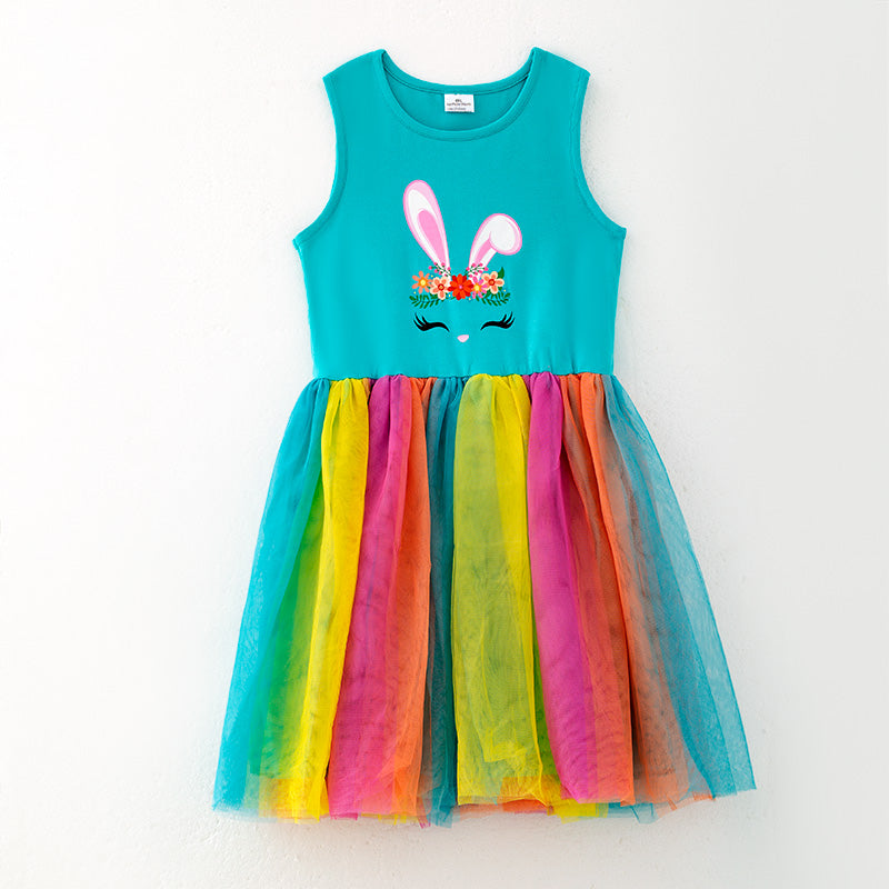 （In Stock）One Pack(3 Pieces total) Sale Girls Easter Bunny Print Tulle Dress