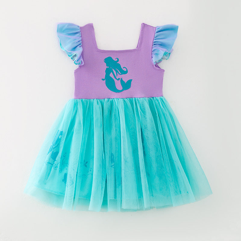 （In Stock）Girls Spring and Summer Mermaid Print Tulle Dress