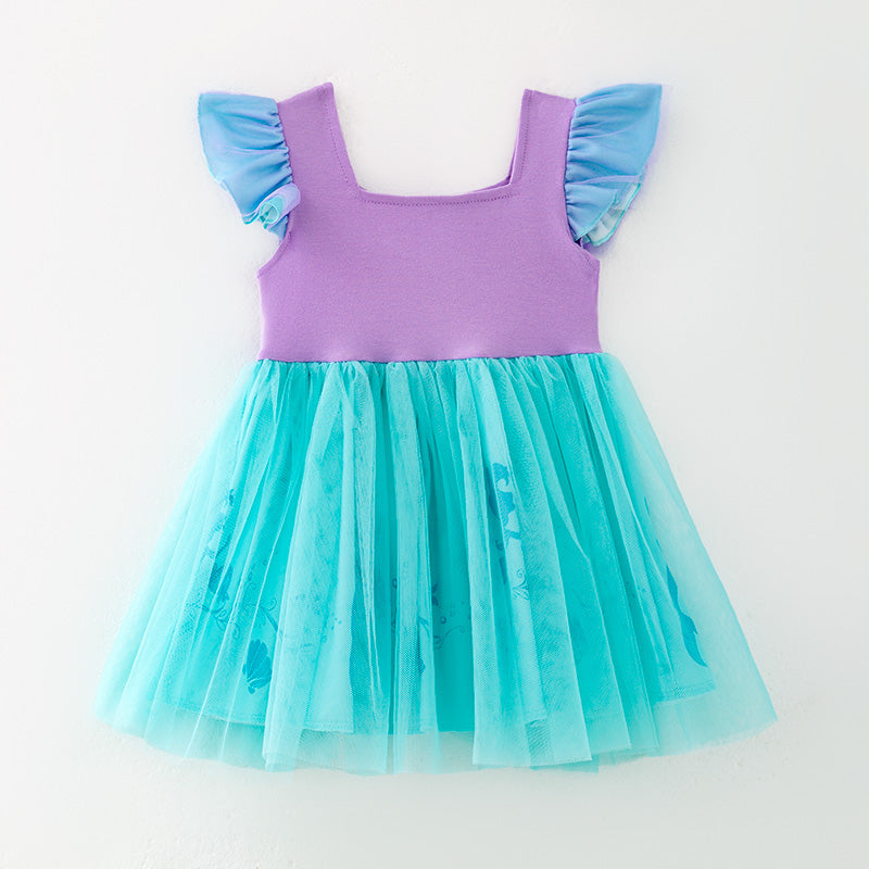 （In Stock）Girls Spring and Summer Mermaid Print Tulle Dress