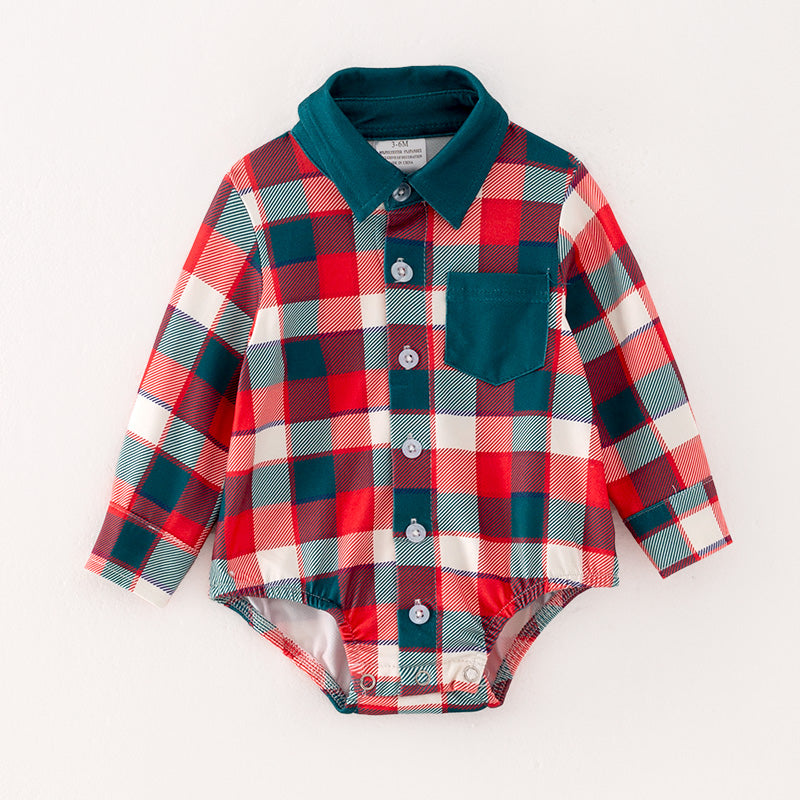 （In Stock G15-2-1）Baby Boys Christmas Plaid Print Romper