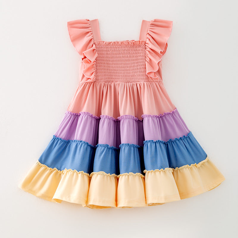 （In Stock）Girls Easter Color Matching Smocked Dress