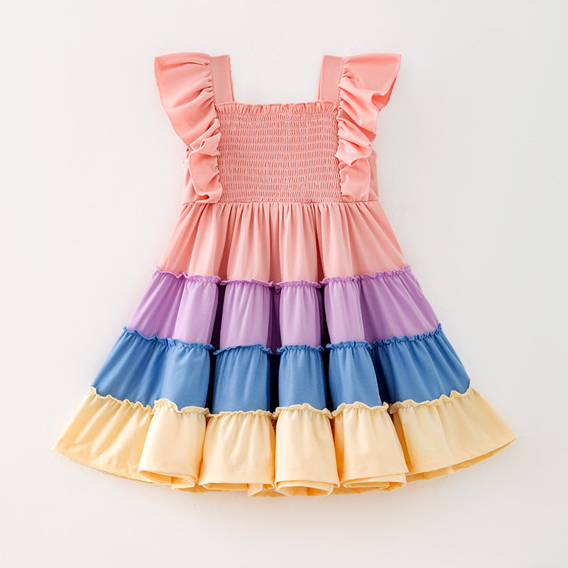 （In Stock）Girls Easter Color Matching Smocked Dress