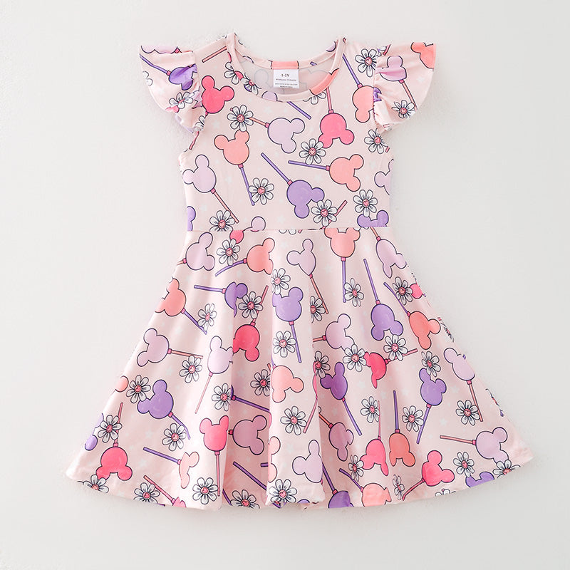 （In Stock）Girls Spring and Summer Cartoon Print Flying Sleeves Dress