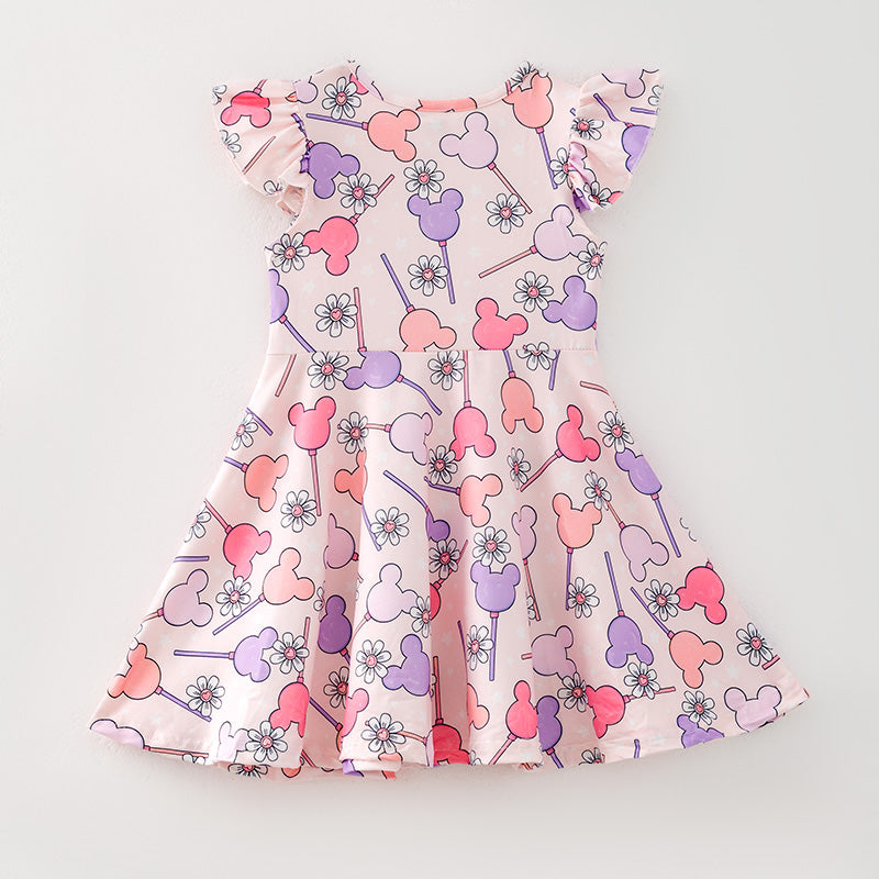 （In Stock）Girls Spring and Summer Cartoon Print Flying Sleeves Dress