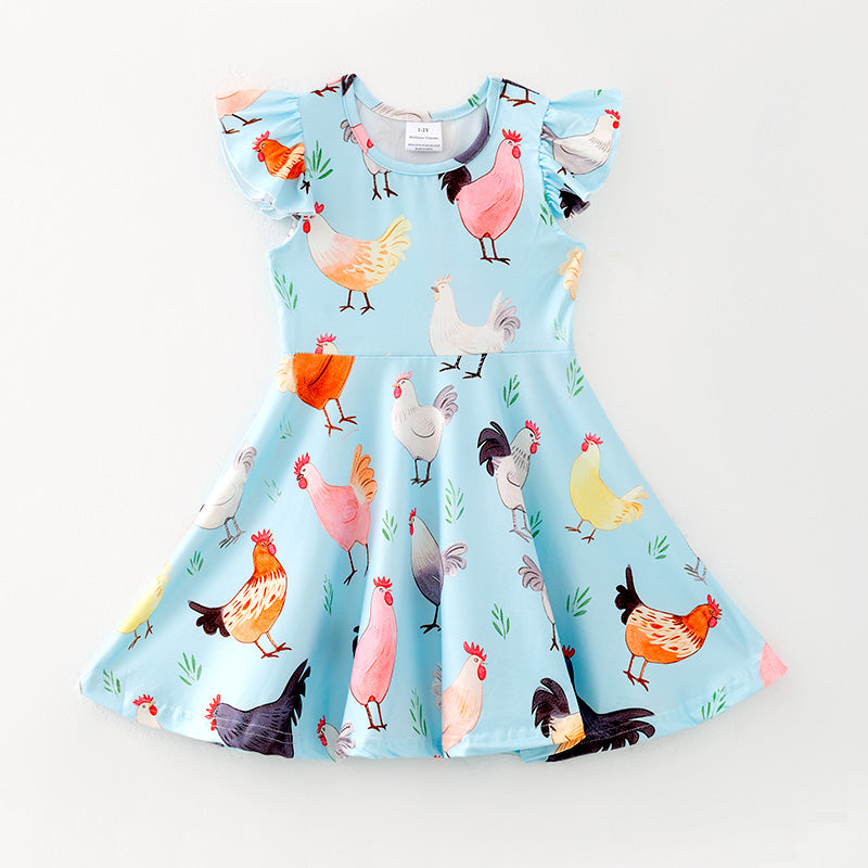 （In Stock）Girls Spring and Summer Chick Print Flying Sleeves Dress