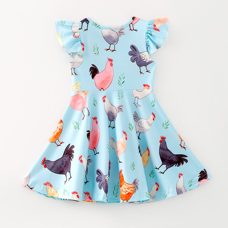 （In Stock）Girls Spring and Summer Chick Print Flying Sleeves Dress