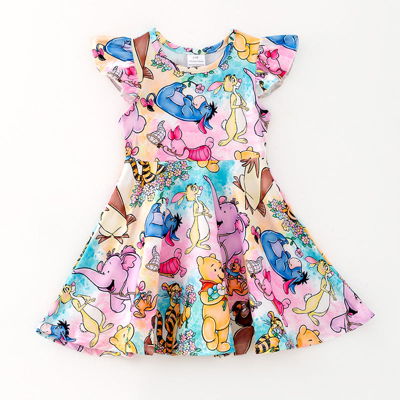 （In Stock）Girls Spring and Summer Cartoon Print Flying Sleeves Dress