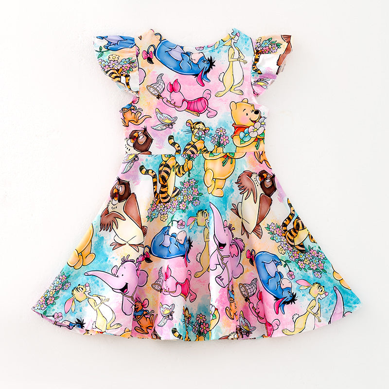 （In Stock）Girls Spring and Summer Cartoon Print Flying Sleeves Dress