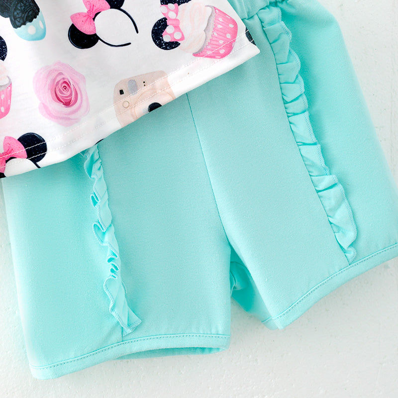 （In Stock）Girls Spring and Summer Cartoon Print Shorts Set