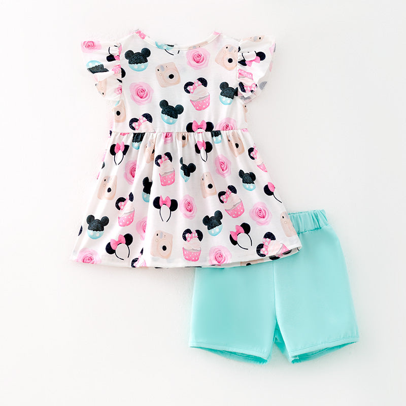 （In Stock）Girls Spring and Summer Cartoon Print Shorts Set