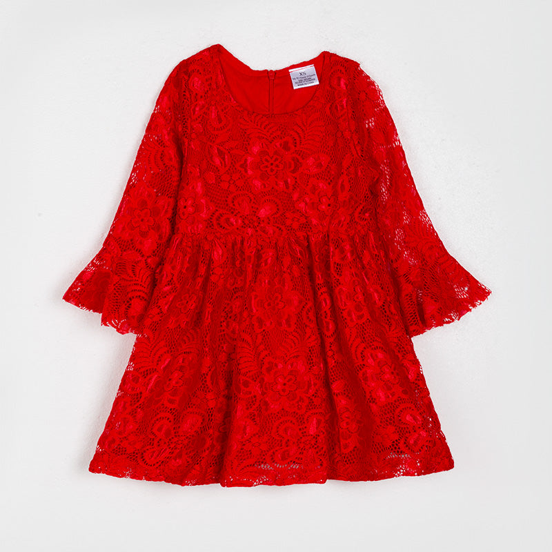 （In Stock G9-4-3）Girls Christmas Red Lace Dress