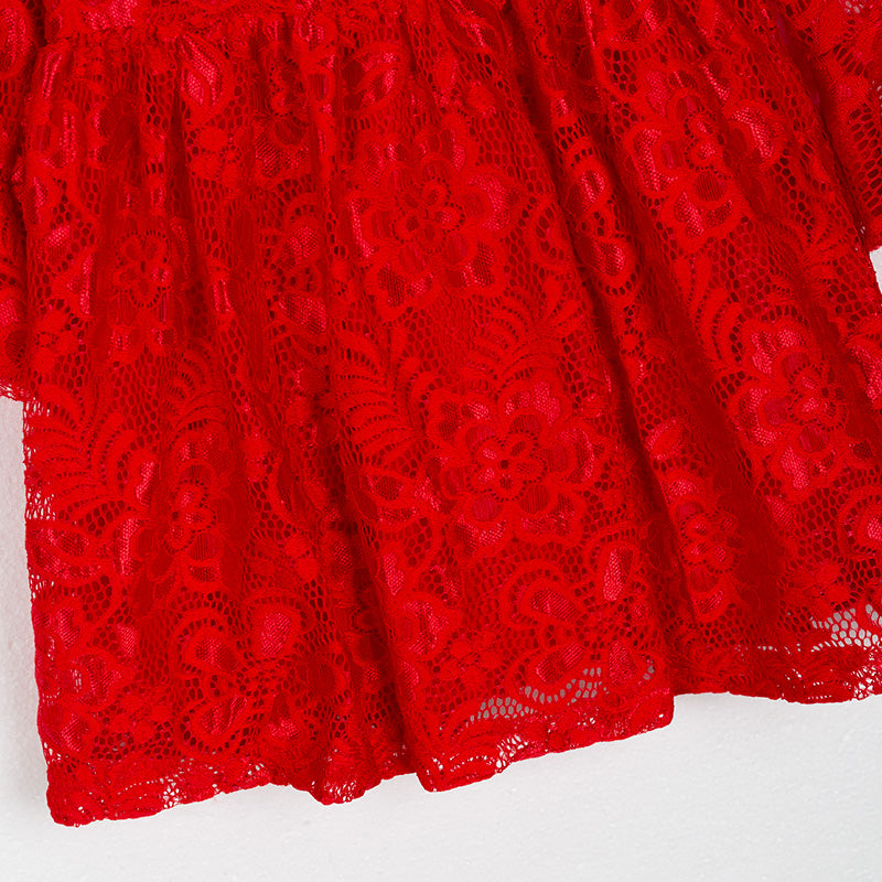 （In Stock G9-4-3）Girls Christmas Red Lace Dress