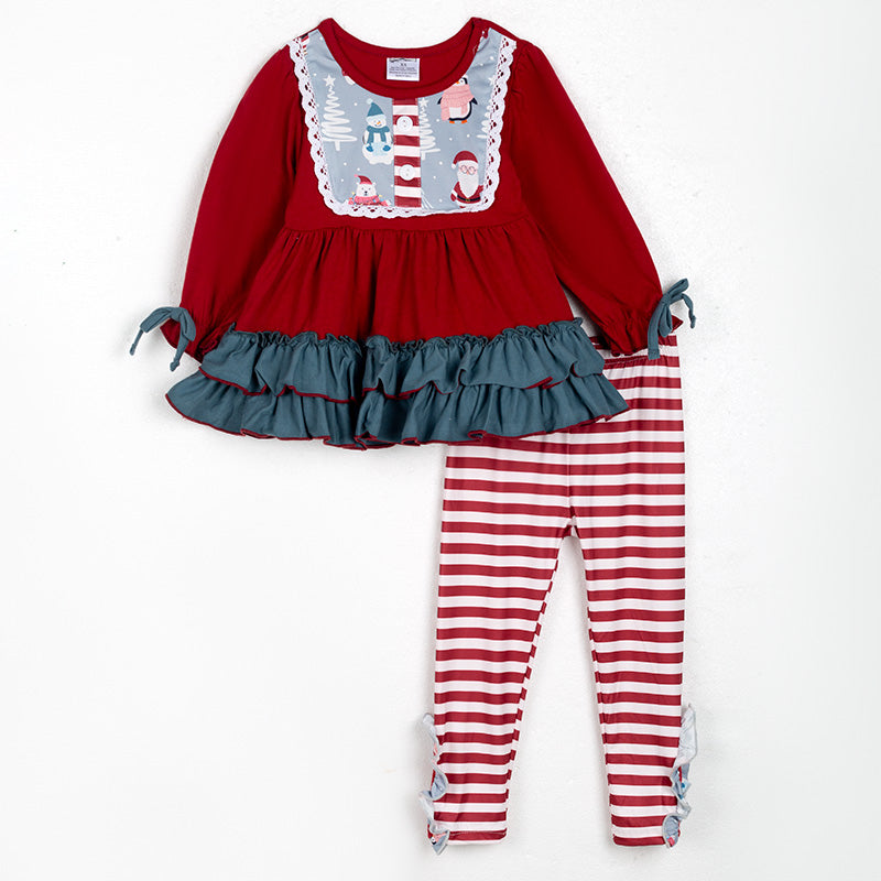 （In Stock L34-5-1）Girls Christmas Print Stripe Outfit Set