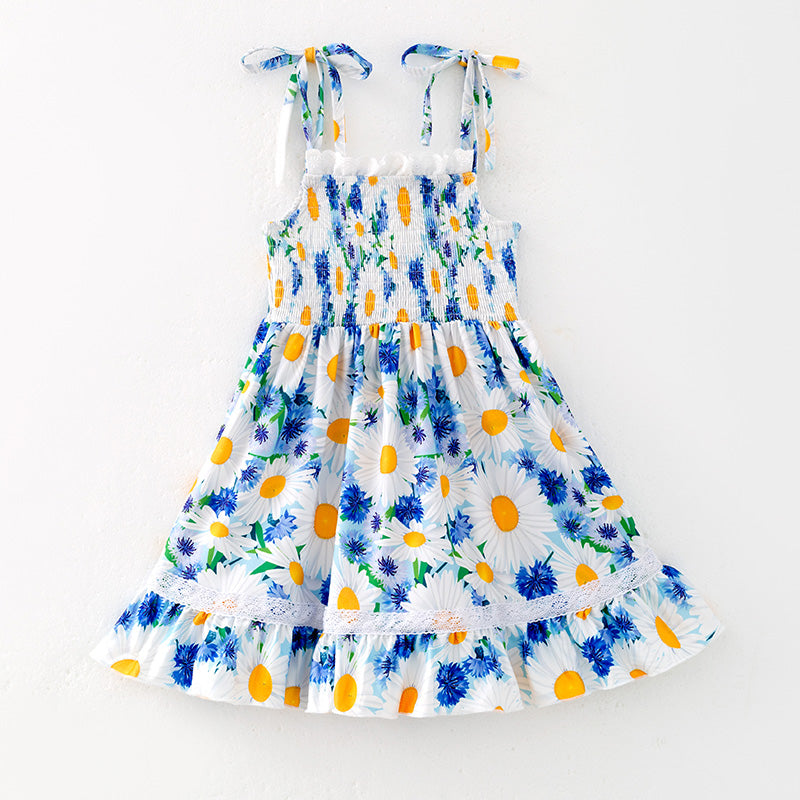 （In Stock）Girls Spring and Summer Daisy Print Smocked Slip Dress