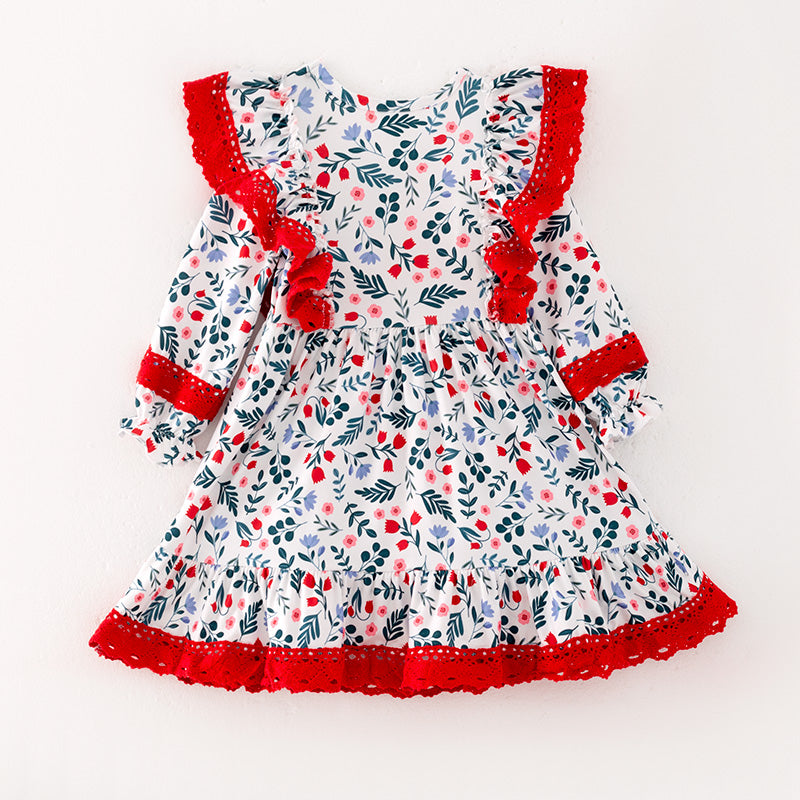 （In Stock L34-2-2）Girls Christmas Floral Print Dress