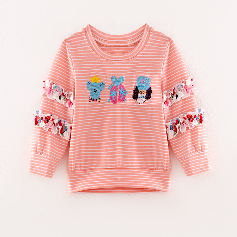 （In Stock L33-2-1）Girls Christmas Embroidery Stripe Top