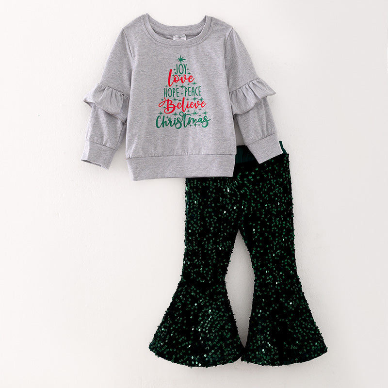 （In Stock L33-3-1）Girls Christmas Grey Top Velvet Outfit Set