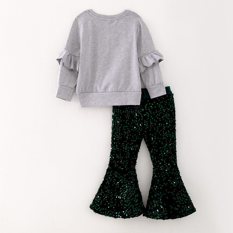 （In Stock L33-3-1）Girls Christmas Grey Top Velvet Outfit Set