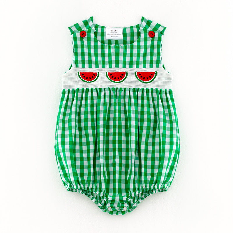 （In Stock）Toddler Boys Spring and Summer Watermelon Embroidery Smocked Romper